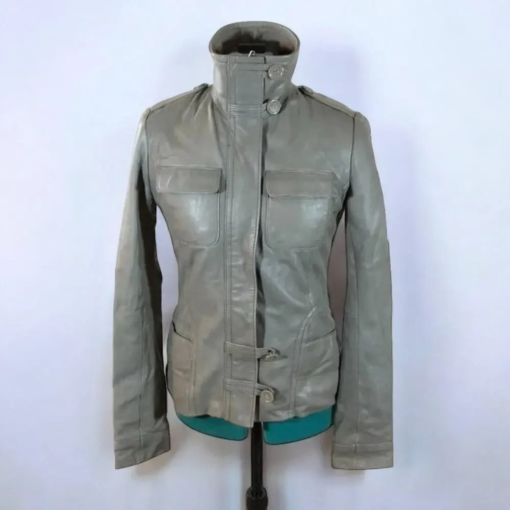 Danier Gray Leather Motorcycle Jacket - Size 2XS